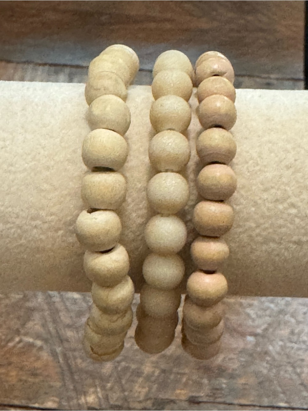 3pc Natural Wood Beaded Stretch Bracelet Set Neutral Boho Stack
